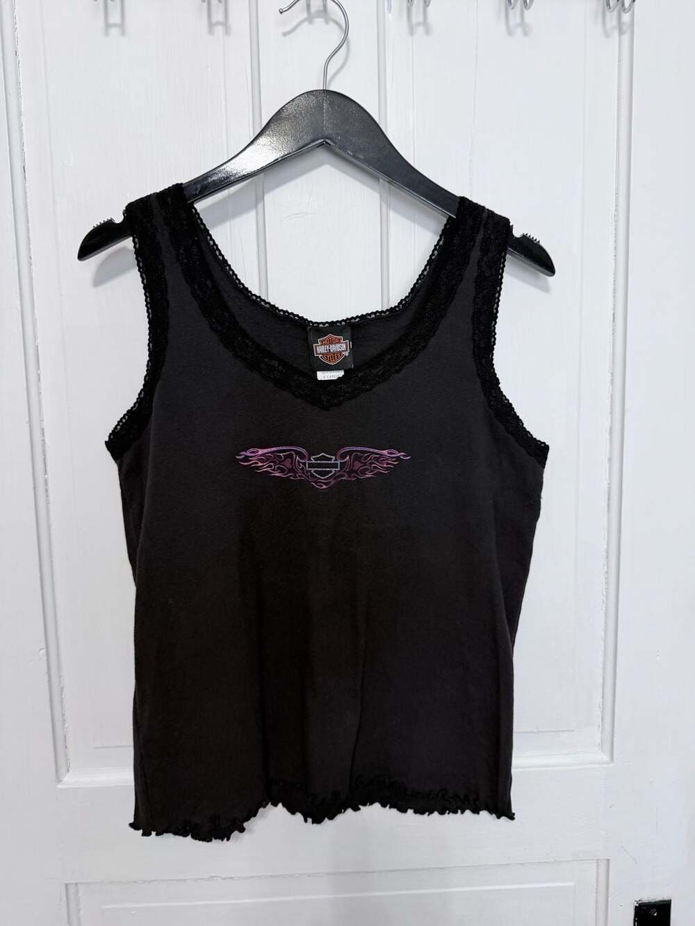 Y2K Harley-Davidson Brandt's Wabash IN Lace Trim Graphic Tank Top XL

KD